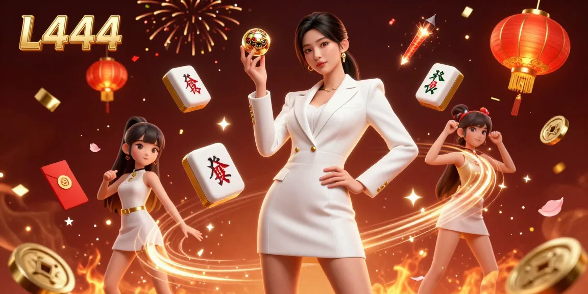 L444 casino scene showcasing an Asian woman confidently posing with a roulette ball amidst vibrant gaming elements.