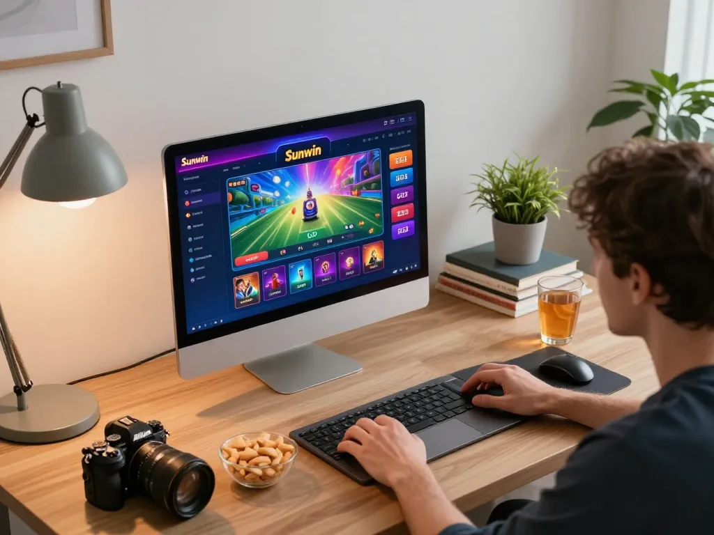Engaged player enjoying online gaming experience with Sunwin, showcasing laptop interface and personal elements.