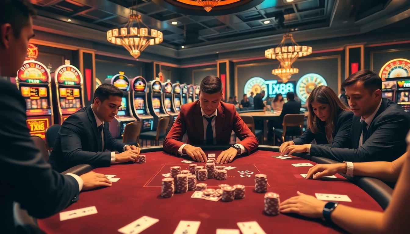 Exciting TX88 casino gaming scene with enthusiastic players at a luxurious table.