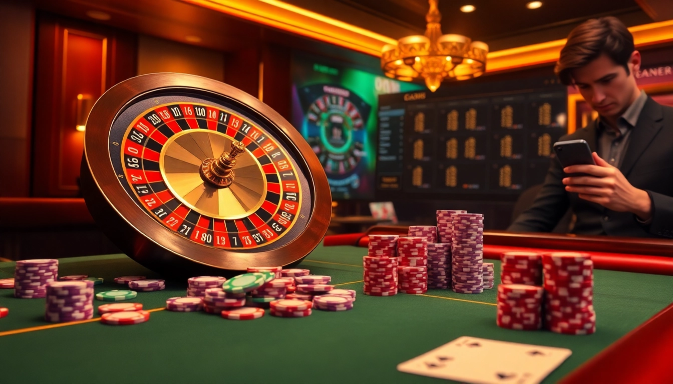 8day players engaging in thrilling online gambling with roulette wheel and poker table.