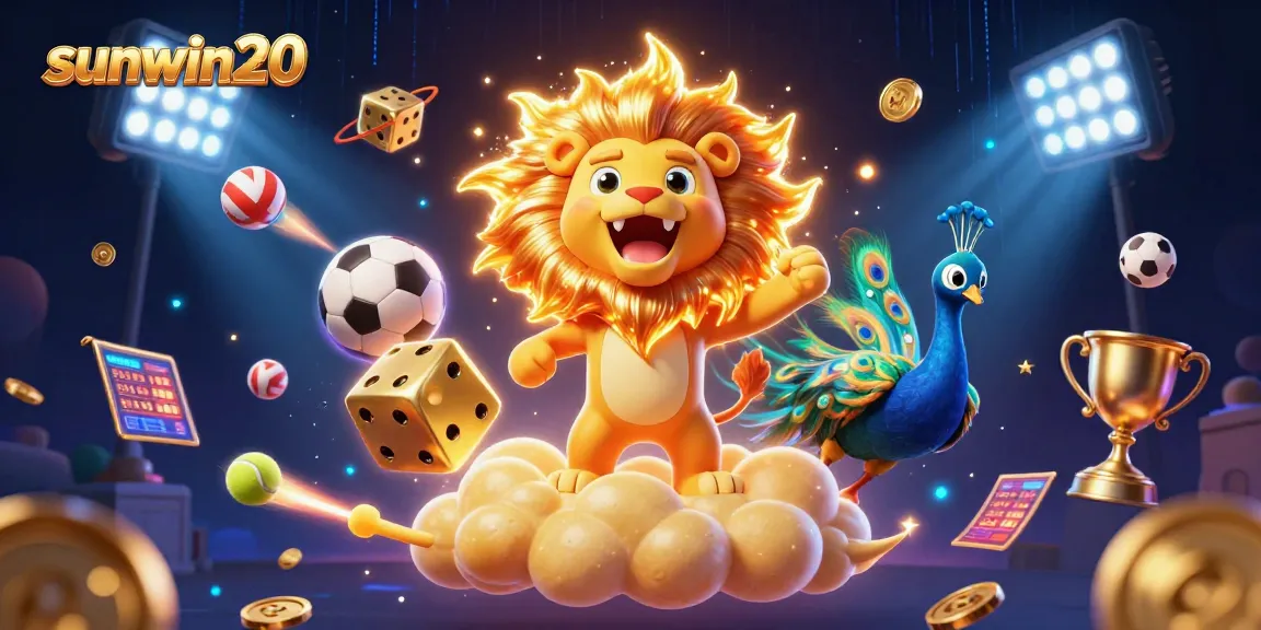 Experience excitement at sunwin20 with dynamic casino elements featuring a roaring sun lion and golden dice.