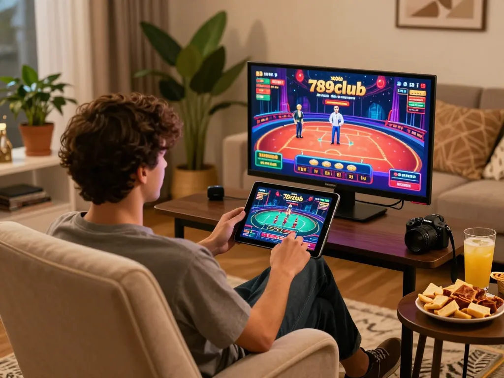 Engaging gaming with 789club tablet interface, cozy home atmosphere, and snacks.