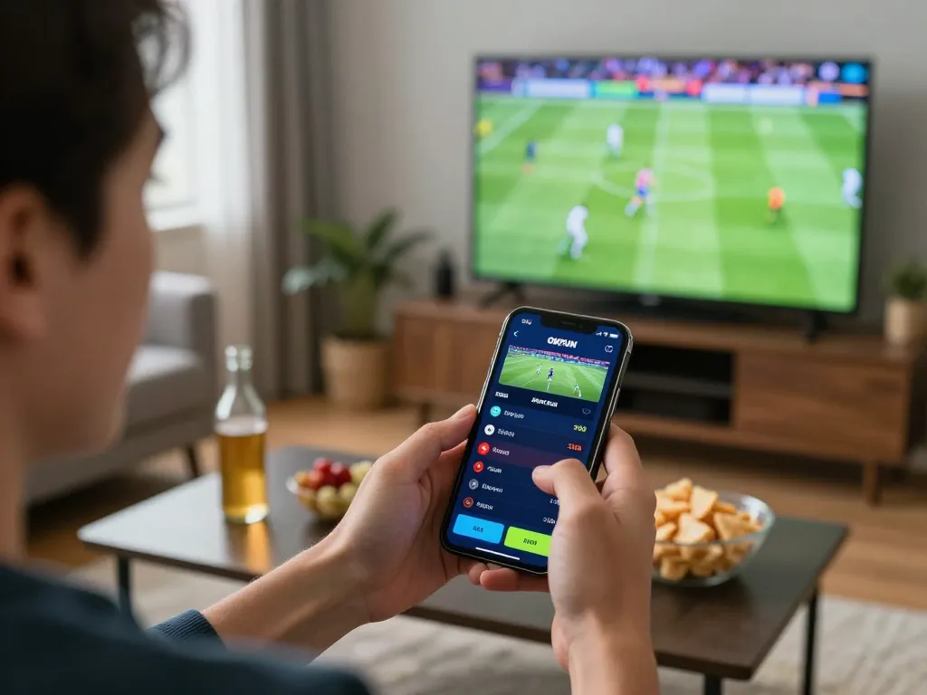 Engaged sports bettor using the OKFUN app on a smartphone while watching a live match.