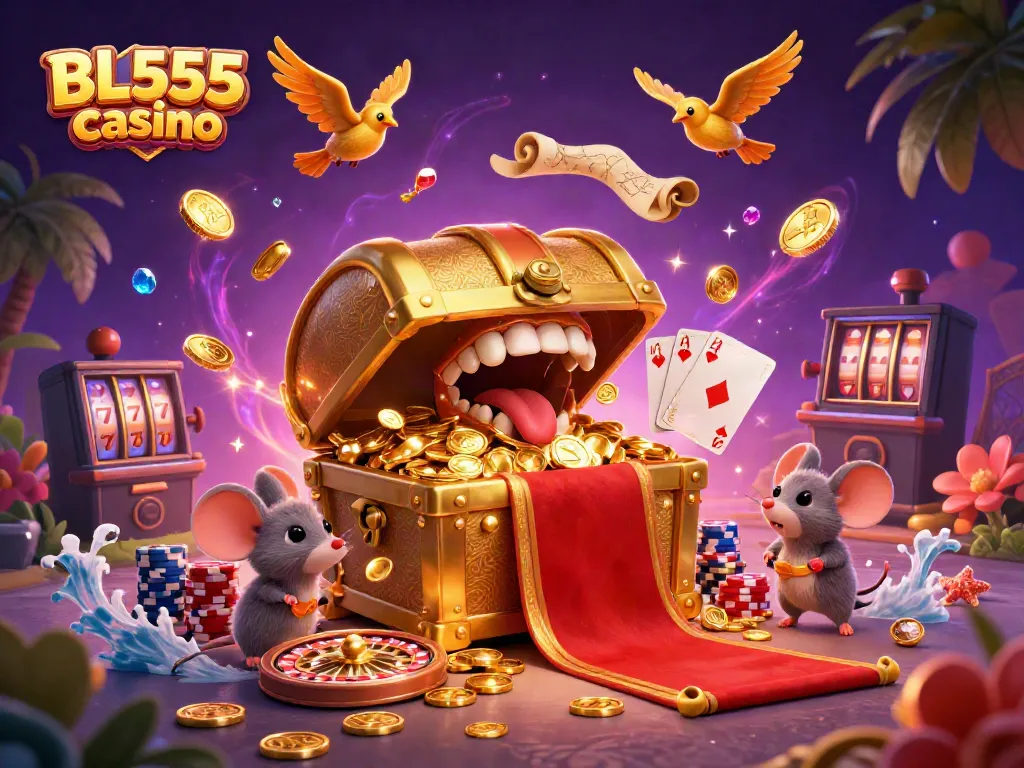 Engage with the vibrant universe of BL555 casino featuring a treasure chest, cascading coins, and rich game elements.