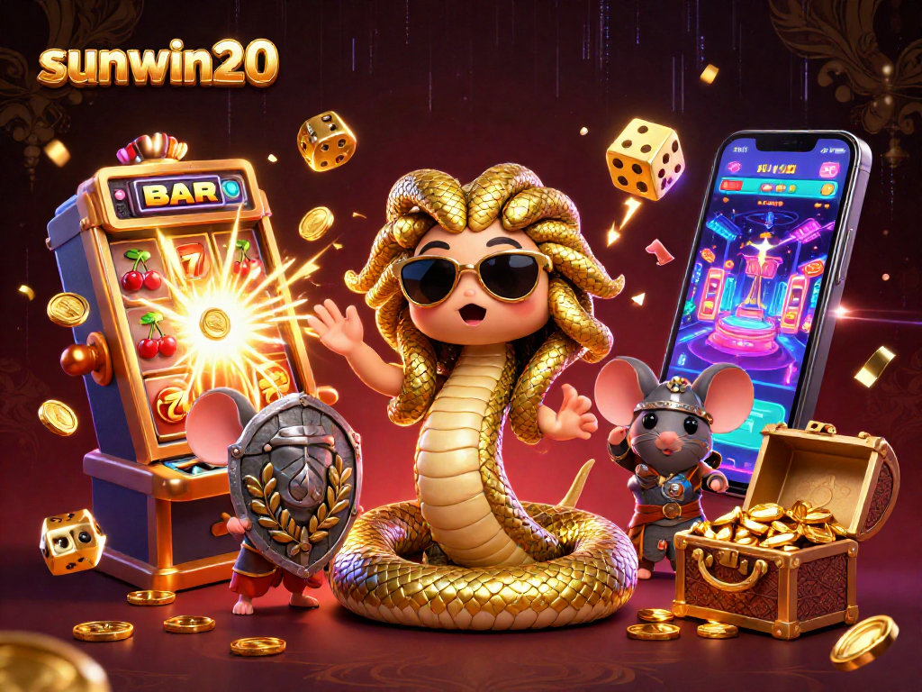 Experience thrilling jackpots with sunwin20 as Medusa and a heroic mouse celebrate in a vibrant casino.