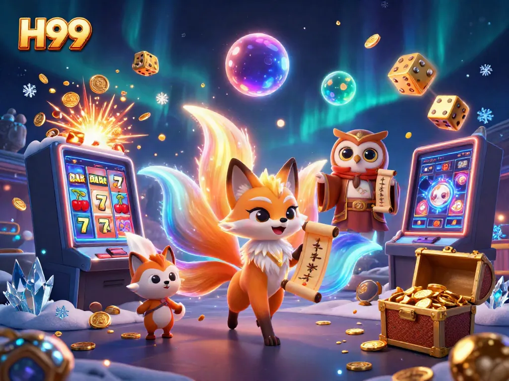 Experience baccarat action with H99's vibrant 3D casino illustration featuring a nine-tailed fox and jackpot thrills.