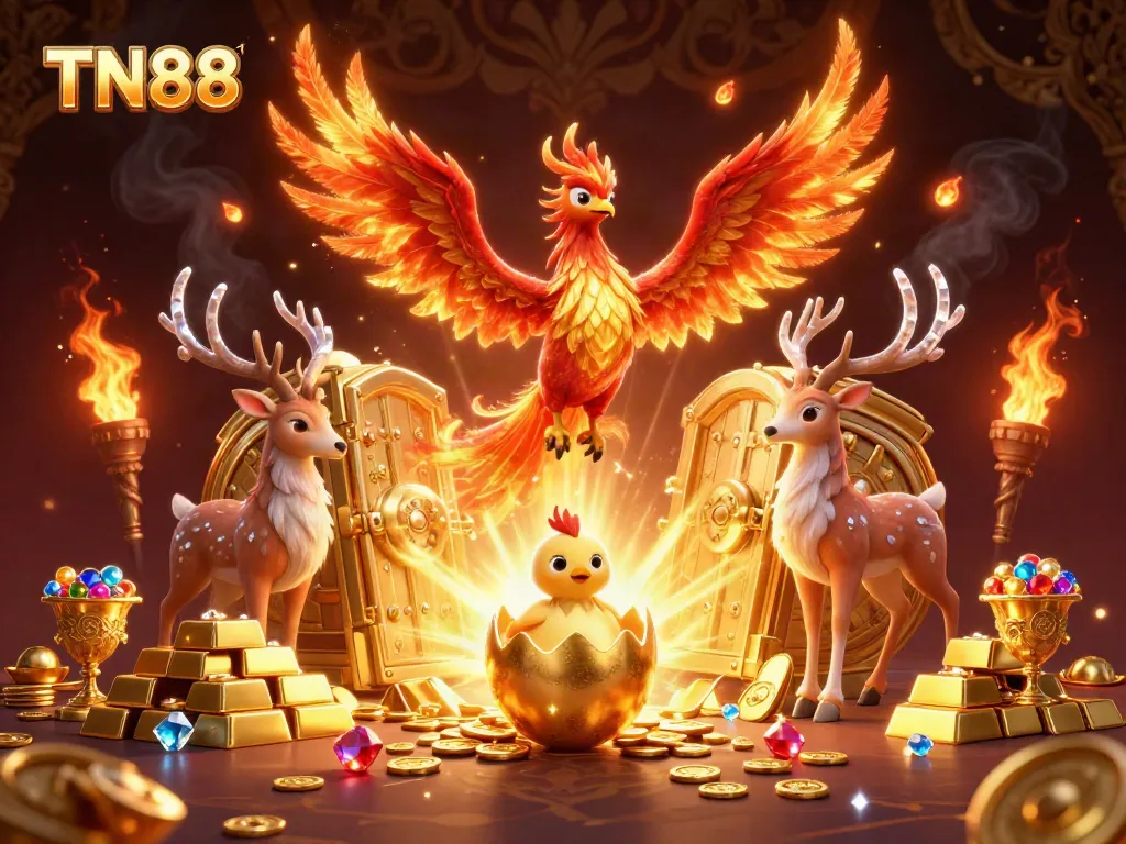 Experience thrilling TN88 gameplay with a phoenix and gems illuminating the scene's energy.