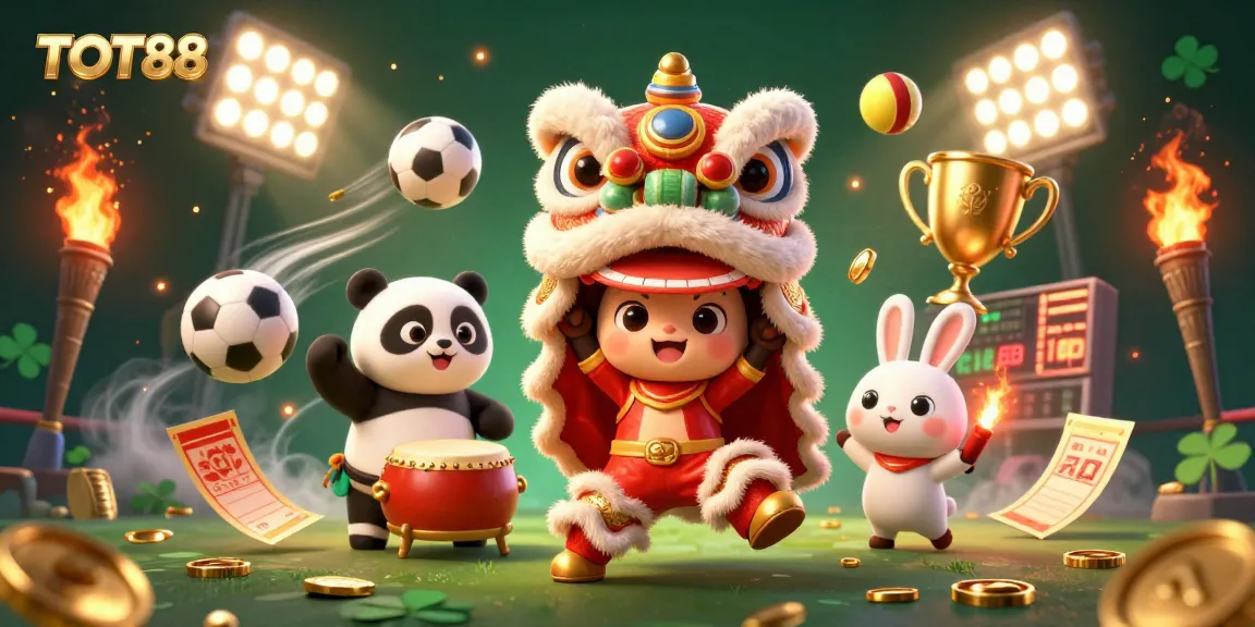 Engage with TOT88 through an exciting 3D scene of a lion dance and sports-themed elements.