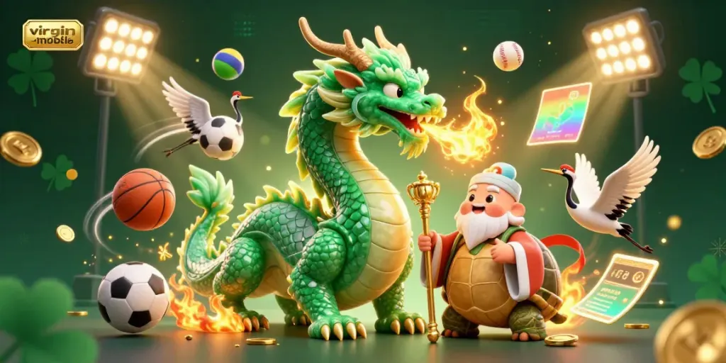 Experience the excitement of gaming with virgin-mobile's vibrant dragon and mystical turtle amidst a dynamic sports betting scene.