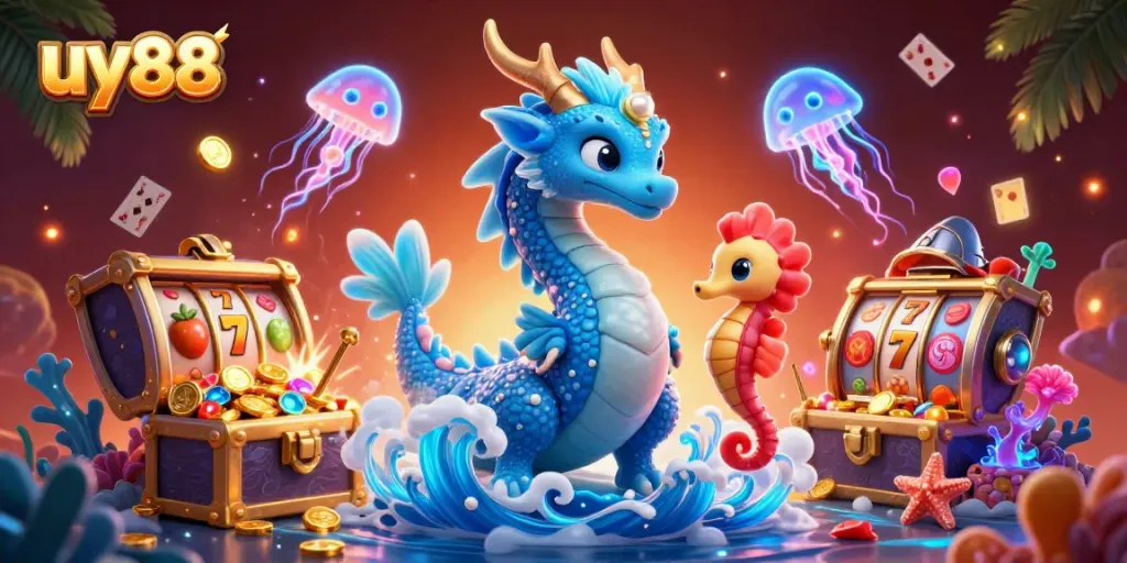 Experience the thrill of gaming with uy88's vibrant dragon and seahorse knight amid a lively treasure scene.