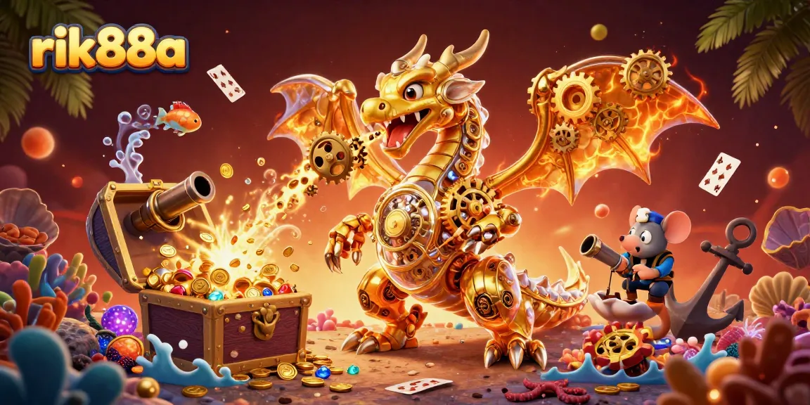 Engage with exciting gameplay at rik88a featuring a 3D dragon amid treasure and casino elements.
