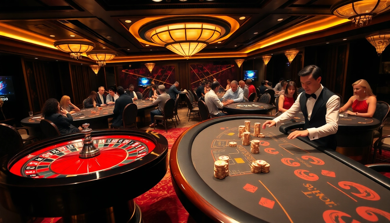 Experience the excitement of gambling at TR88 with a vibrant casino scene featuring roulette and poker.