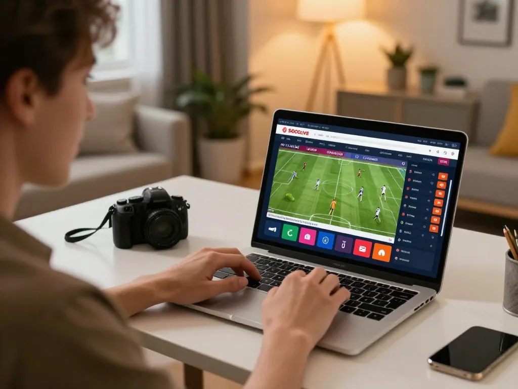 SOCOLIVE sports betting excitement in a cozy home setup with a laptop showing live odds.