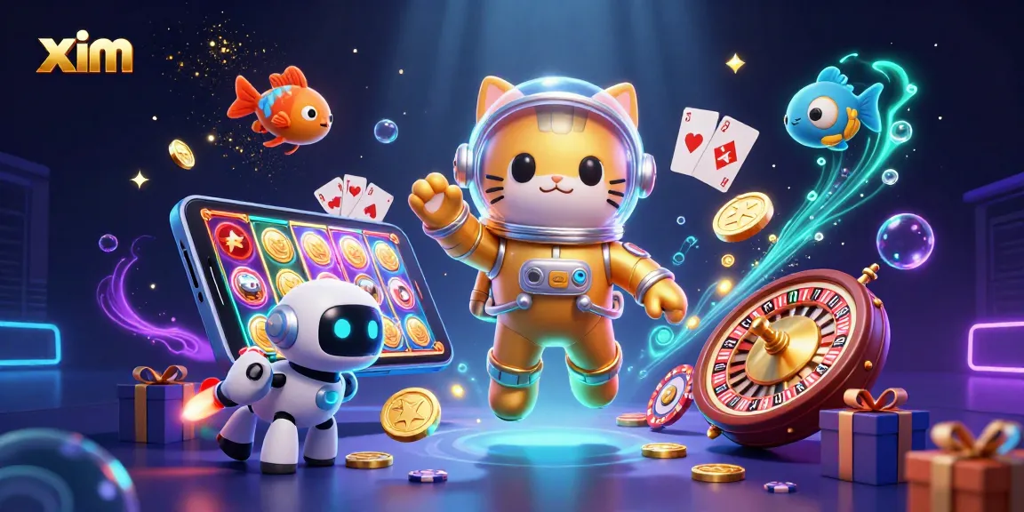Experience thrilling gaming with xim in a vibrant scene featuring slot games, a cat astronaut, and dynamic casino elements.