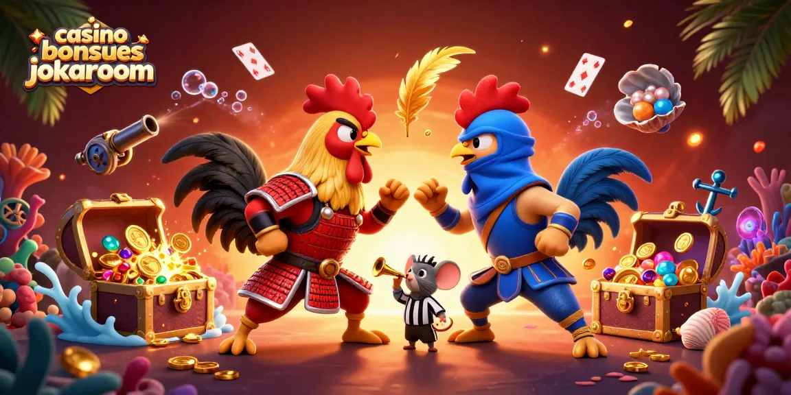 Experience thrilling casino bonuses at jokaroom with animated fighting roosters and treasure visuals.