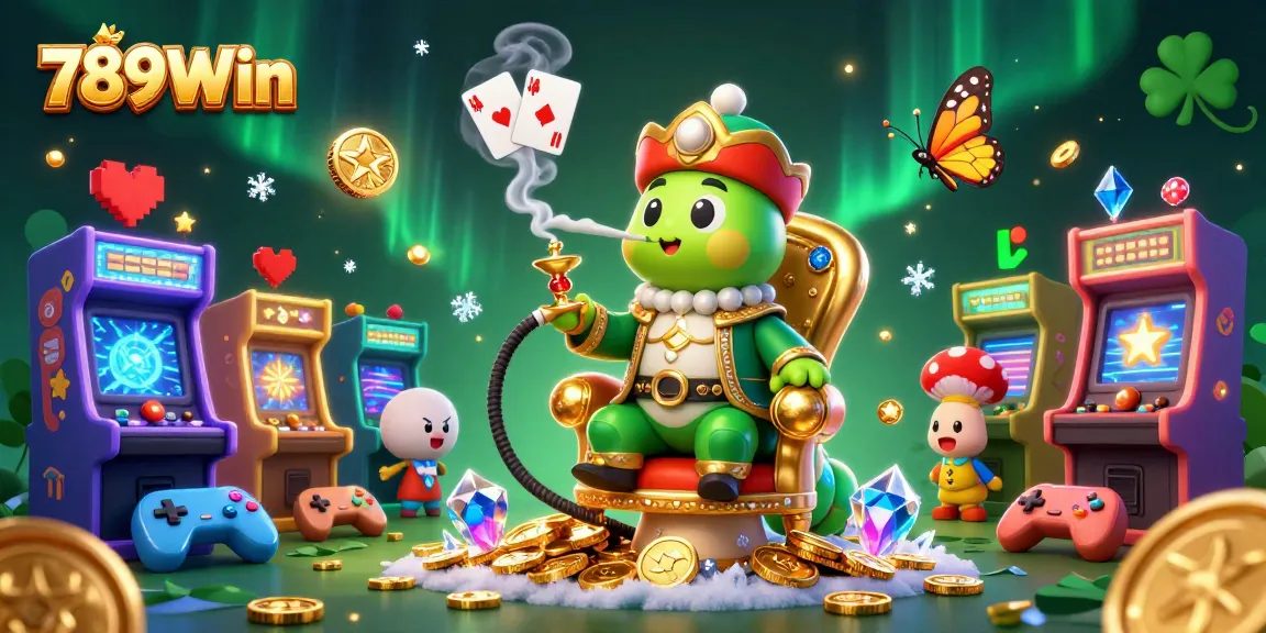 A vibrant 3D illustration for 789Win showcasing an imaginative online casino scene with charming characters and gaming elements.