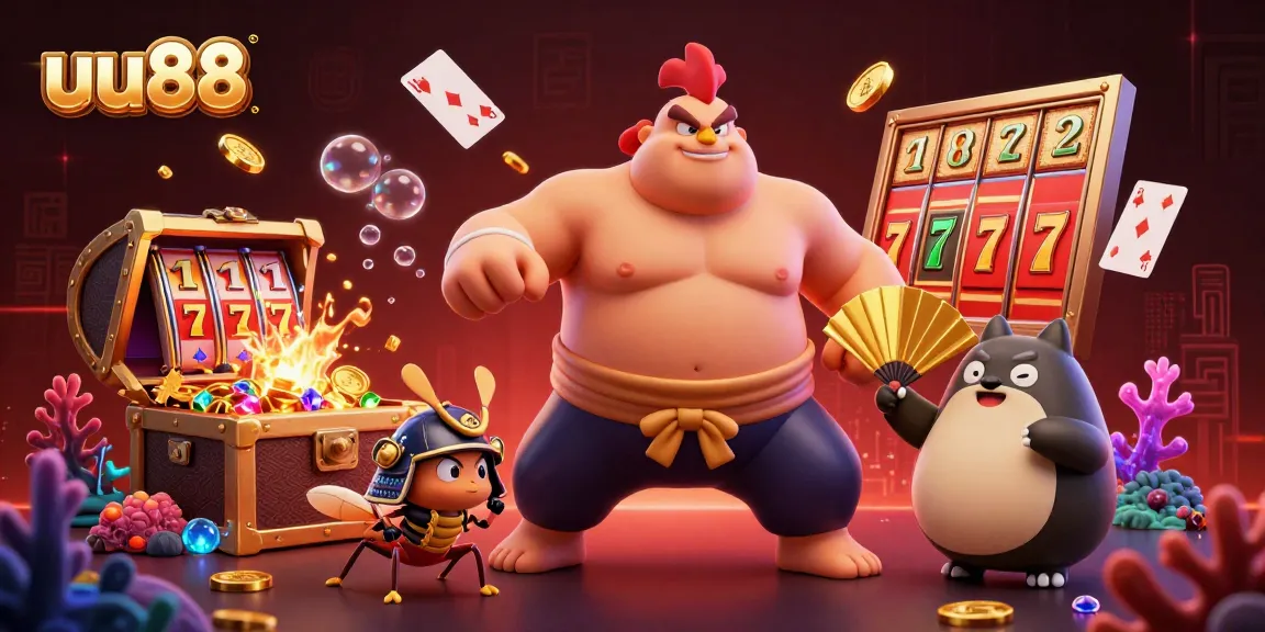 Experience thrilling wins with uu88 in a vibrant 3D illustration of unique casino elements and characters.