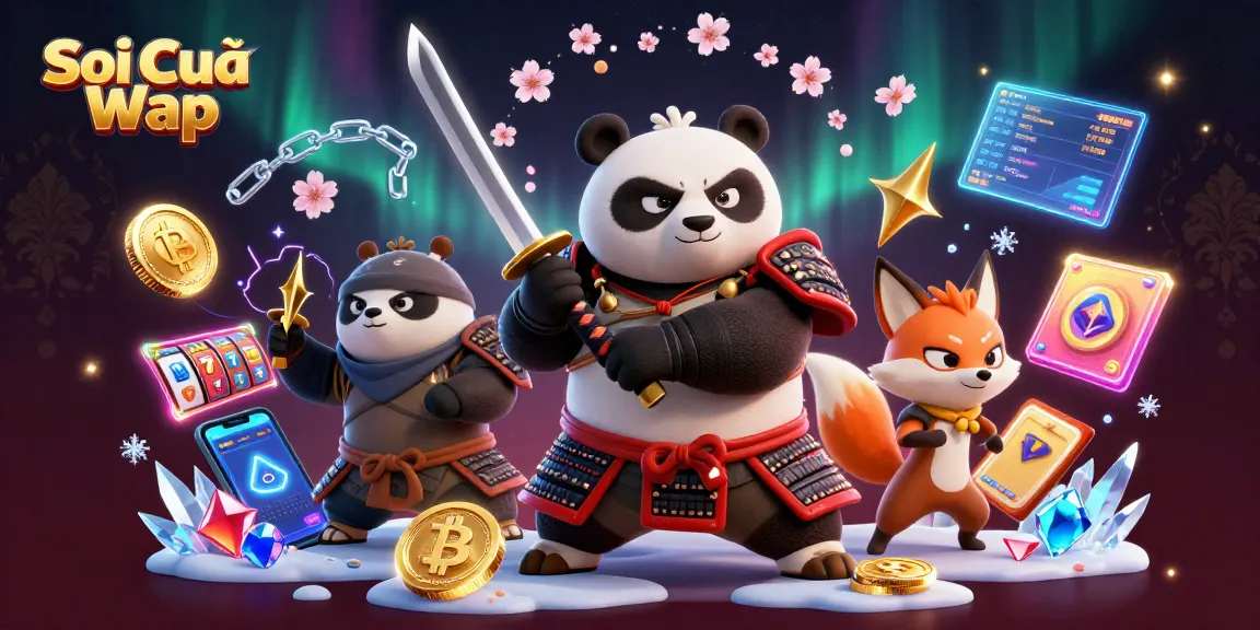 Soi Cầu Wap showcases a daring samurai panda and ninja fox amid vibrant slot games and crypto elements.