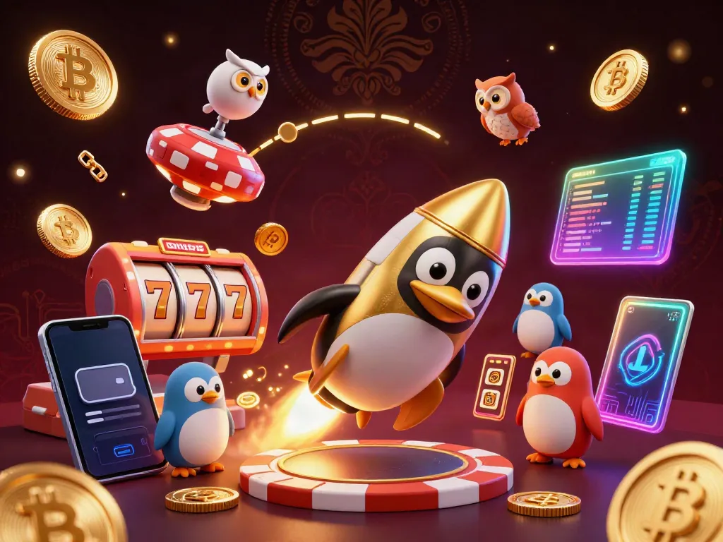Experience the excitement of slot gacor hari ini with a golden penguin racing toward a vibrant casino space.