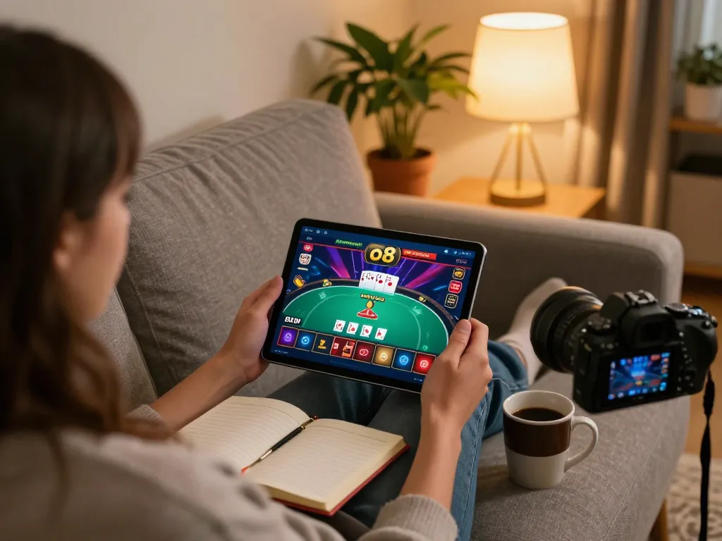 Engaging with the o8 casino app on a tablet in a cozy home gaming setup, showcasing an immersive poker game