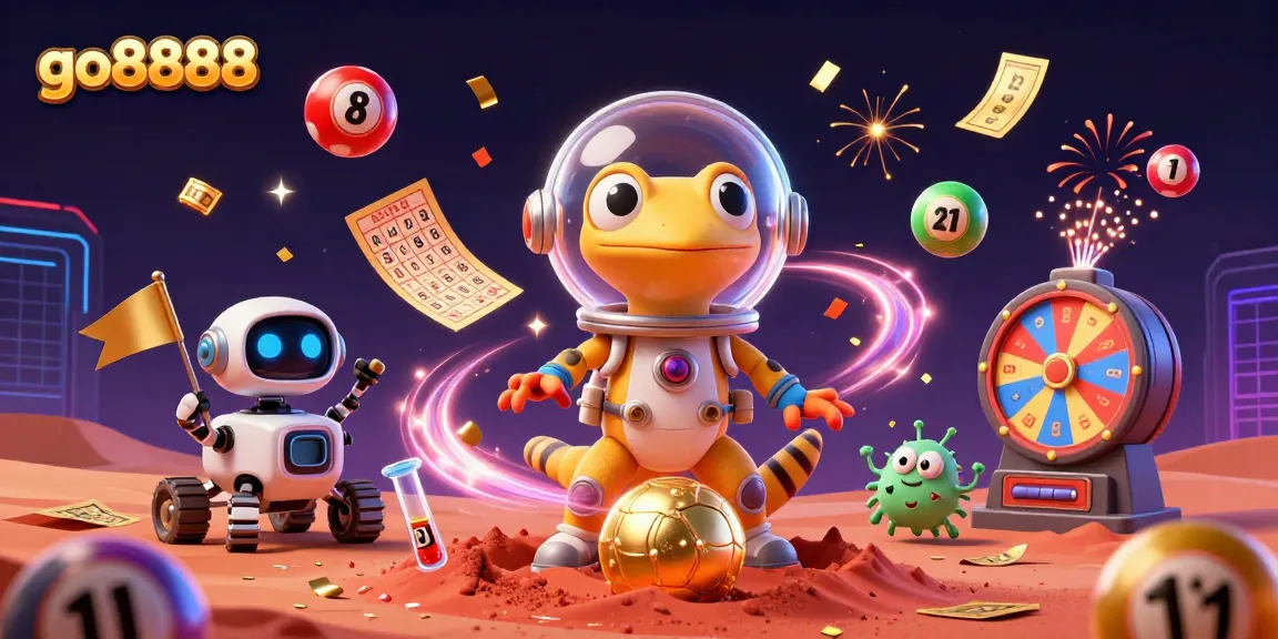 Experience the excitement of go8888 with a Martian gecko and casino treasures amidst vibrant gambling elements.