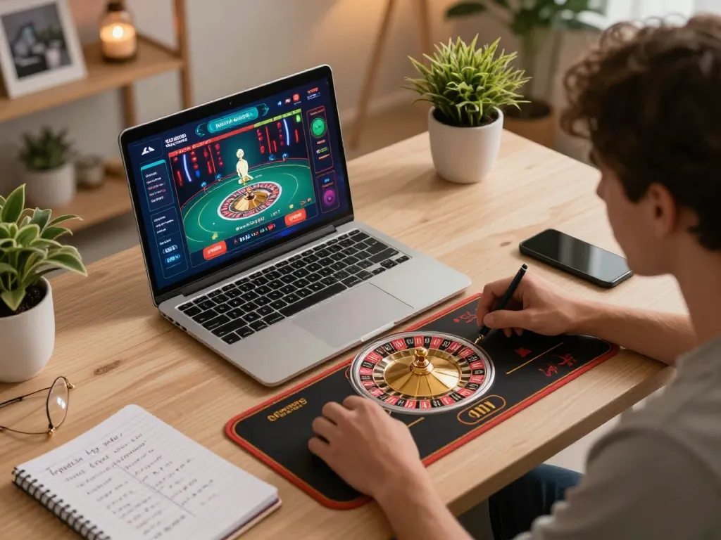 Player exploring SC88 live dealer roulette game while strategizing with notes at home.