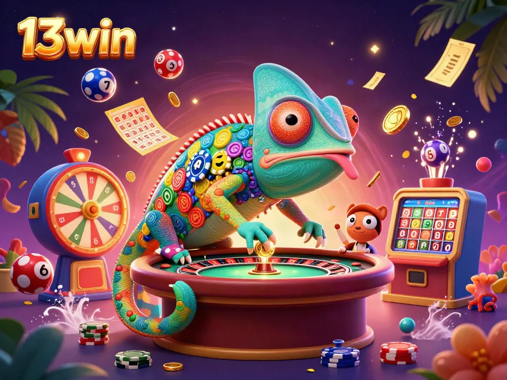 Engage with the vibrant 13win casino scene featuring a colorful chameleon casino owner surrounded by playful lottery dynamics.