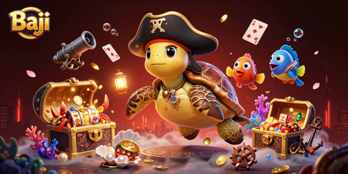 Baji gaming scene featuring a pirate turtle, hermit crab, and parrotfish among vibrant online casino elements.