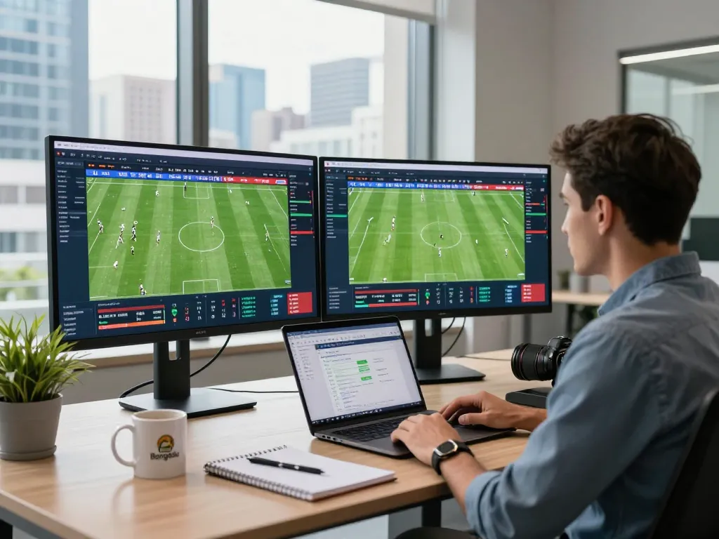 Sports analytics analyst at Bongdalu.trade reviewing live football statistics in a vibrant office.