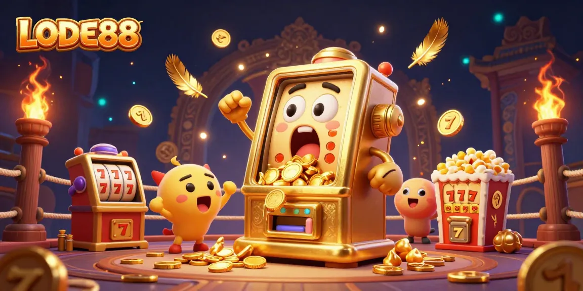 Hit the jackpot with LODE88 as a golden slot machine showers coins amidst vibrant casino elements.