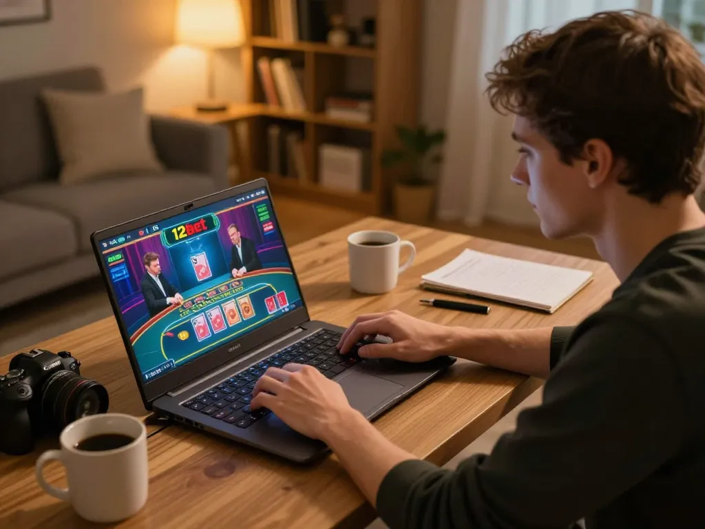 Player engaging in live dealer games on 12bet from a cozy home setup with strategic notes.