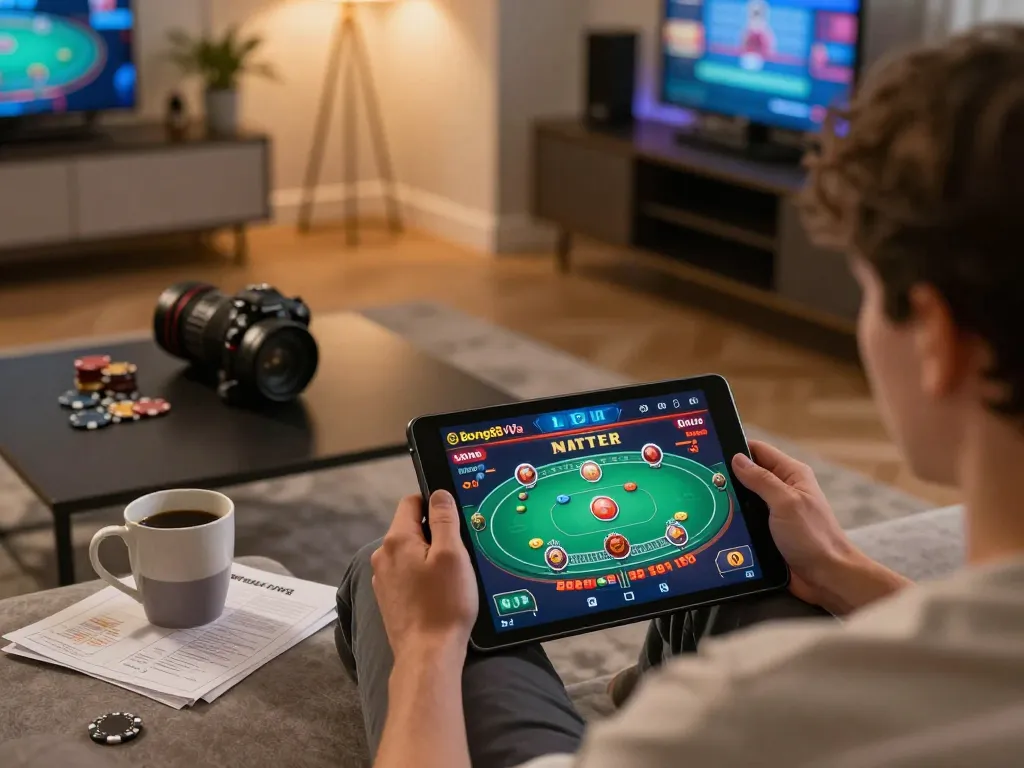 A person engaged in live casino gaming on tablet at home with bong88viva interface visible, creating a cozy atmosphere