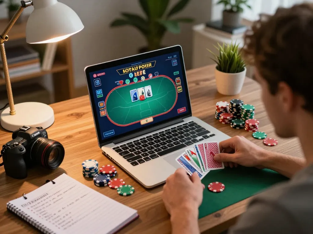 Pemain fokus pada permainan poker online 68idn dari rumah, menampilkan catatan strategi dan pencahayaan yang mendukung.