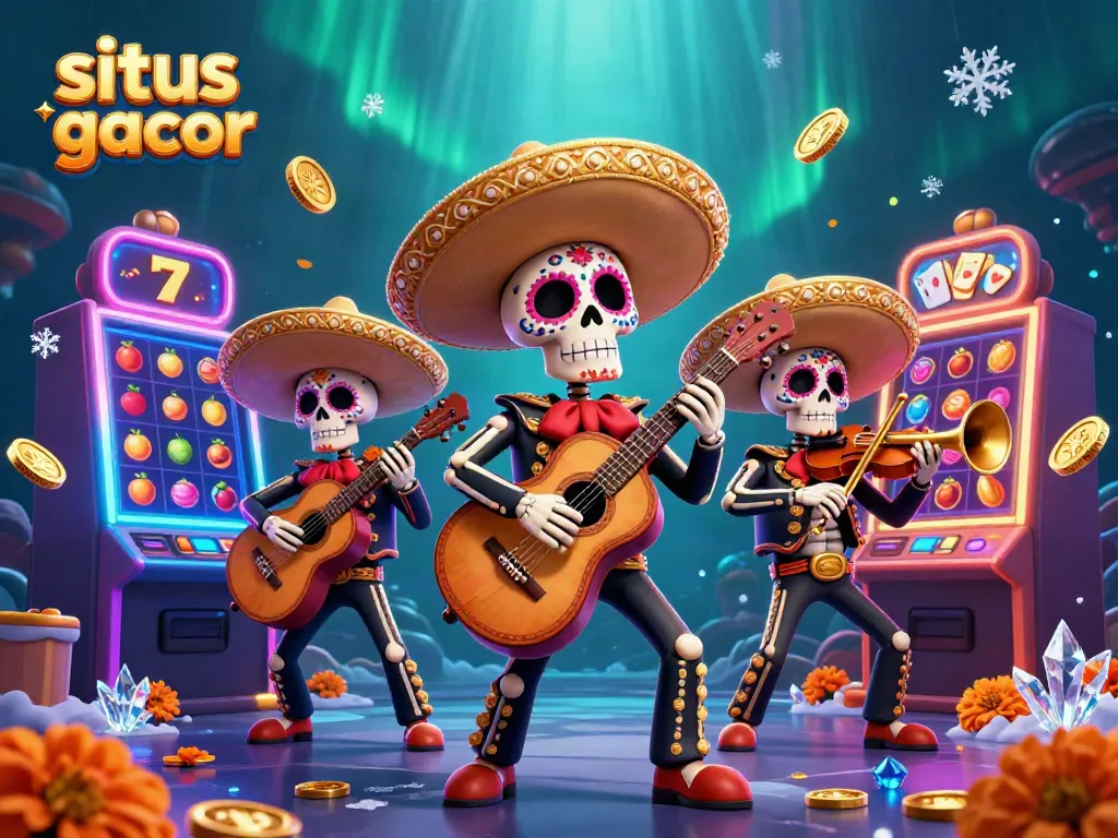 Experience the excitement of situs slot gacor with vibrant slot machines and a mariachi band in this stunning illustration.