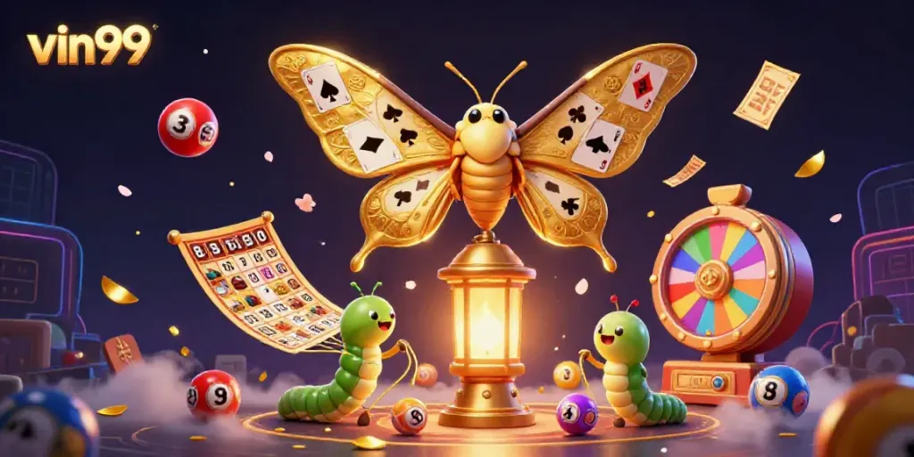 Experience thrilling games at vin99 with vibrant 3D illustrations of lotteries, prizes, and casino magic.
