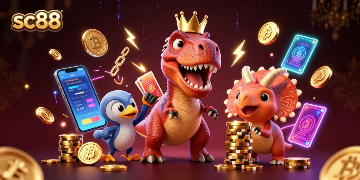 sc88 showcases a fun casino scene with a T-Rex shuffling cards and crypto elements