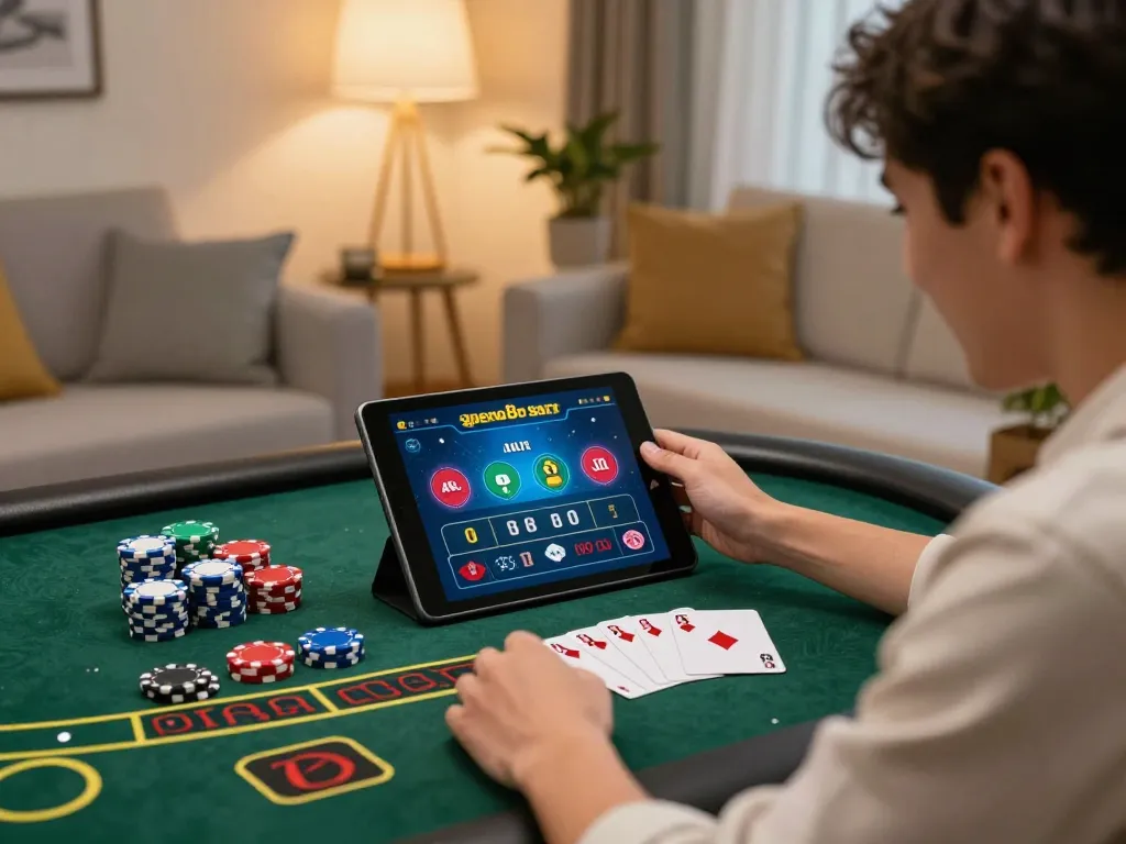 Excited player celebrating a win on gem88 at a home blackjack table with strategic notes.