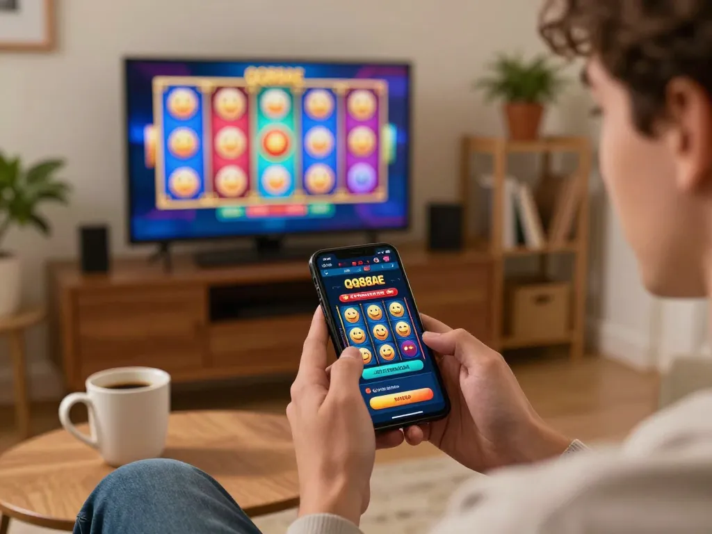 Engaging in online gaming with QQ88AE app on smartphone in cozy setting