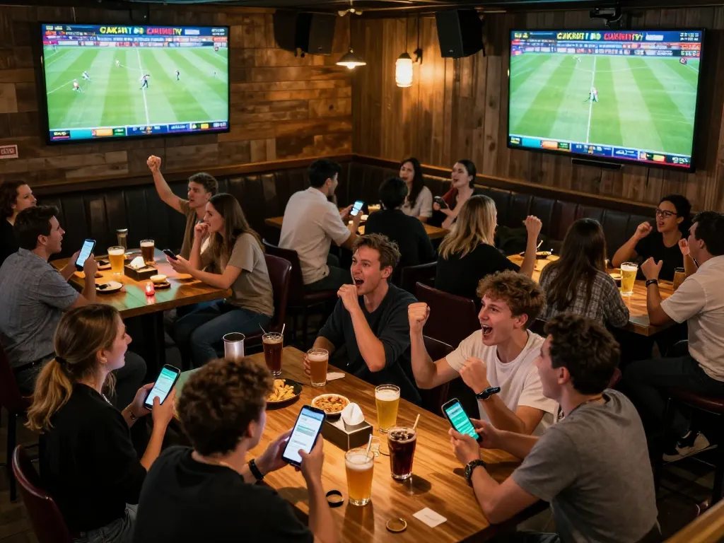 Excited sports fans engaging with CAKHIATV while placing bets during a live football match in a lively sports bar atmosphere