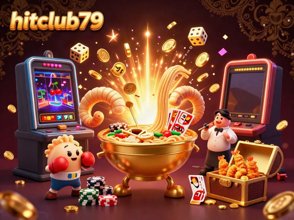 Experience the excitement of hitclub79 with a vibrant casino-themed 3D artwork showcasing animated characters and gaming elements.