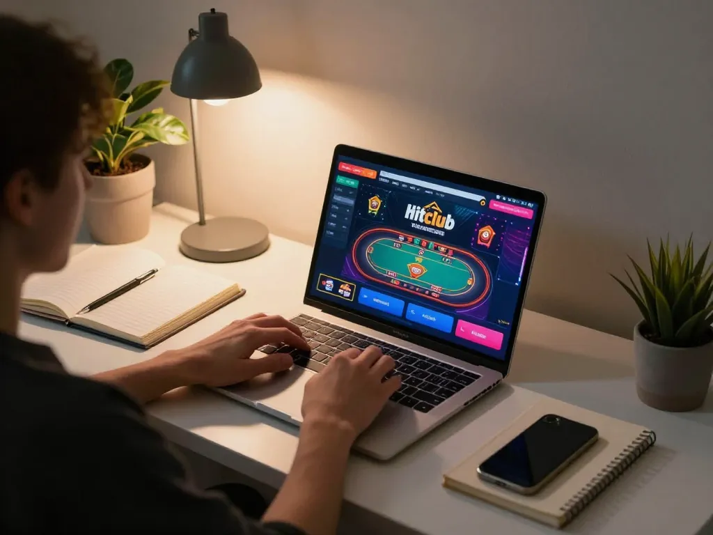 Engaging home gaming scene showcasing Hitclub on a laptop, highlighting responsible gaming.