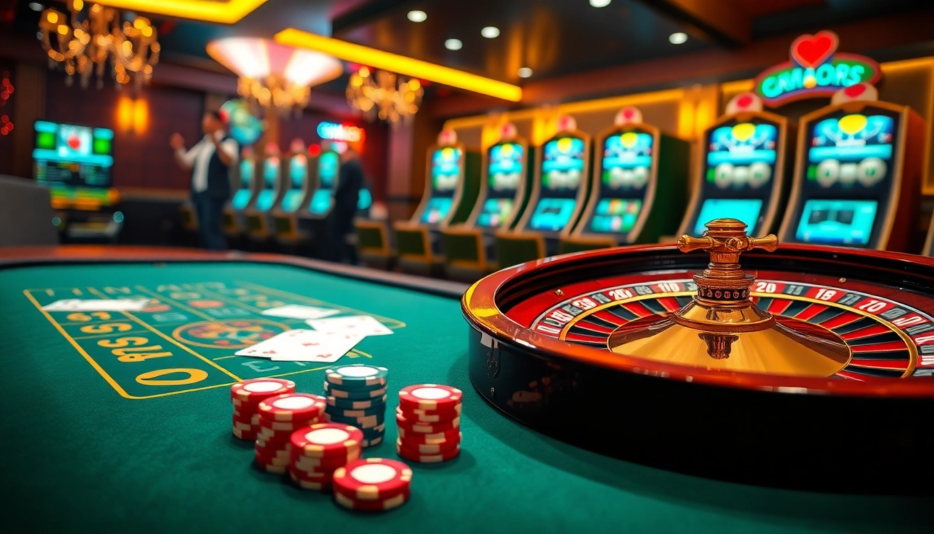 An exciting online gambling scene featuring cm88 com with casino tables, poker chips, and a roulette wheel.
