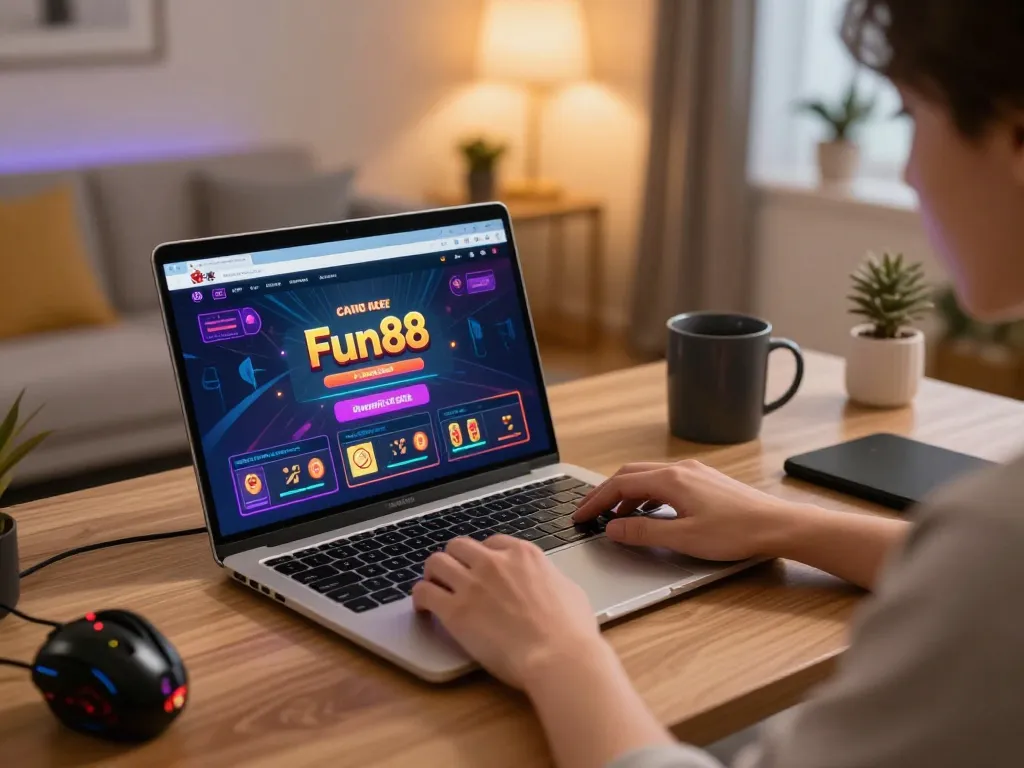 Engaging in fun88 online gaming with a laptop displaying casino bets in a cozy home setup.