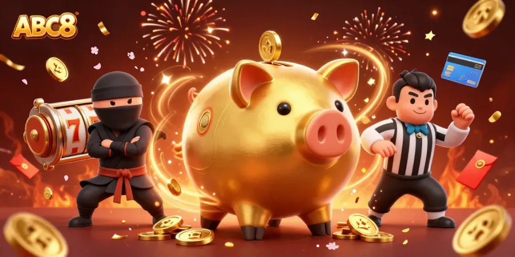 Engage with ABC8's vibrant casino world, featuring characters and joyful celebrations in a rich illustration.