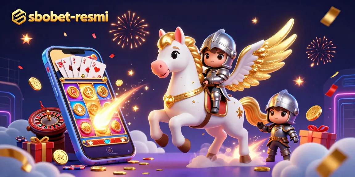 Experience sbobet-resmi's vibrant online gaming with a celestial horse and knight amidst dynamic casino elements.