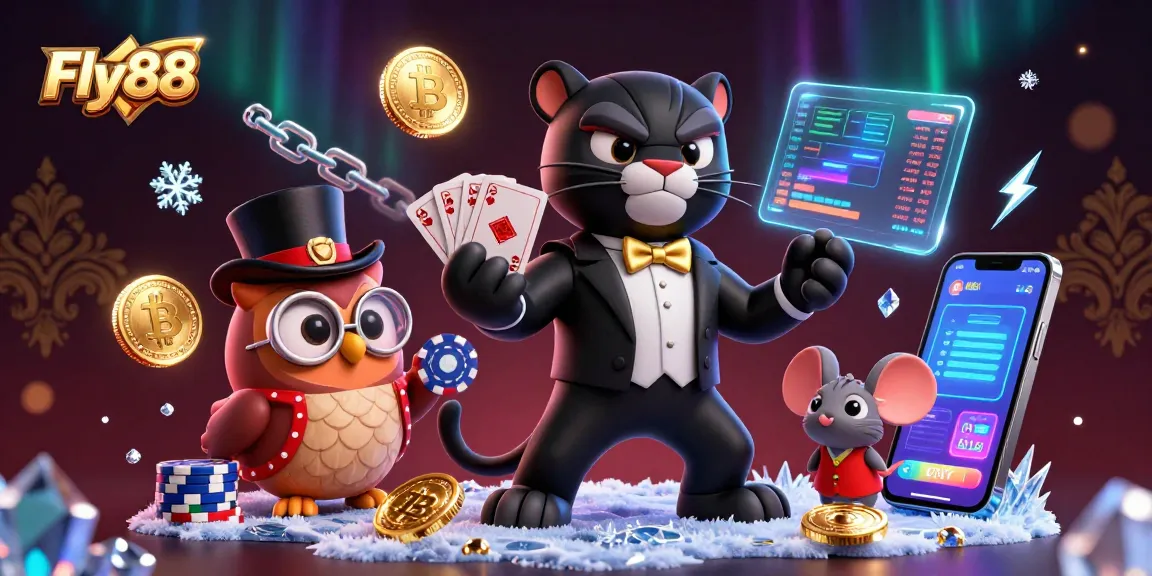Fly88 showcases a stylish panther dealing cards, joined by an owl and mouse in a festive casino atmosphere.