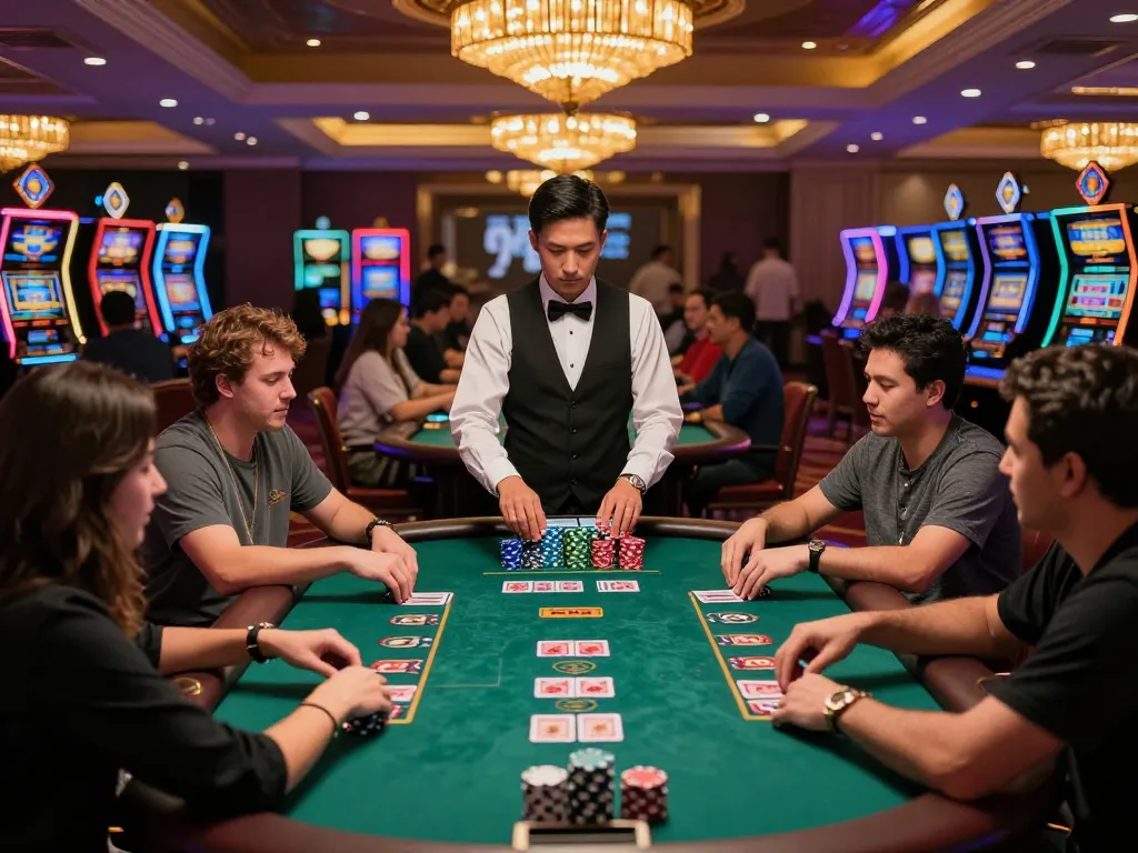 Players enjoying intense blackjack action at 98wincom casino with vibrant ambiance.
