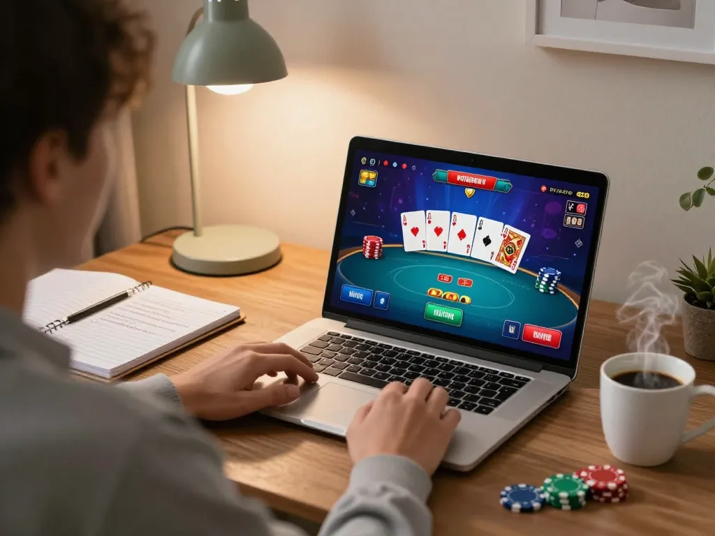 Player engaging with the qq8827 online casino on a laptop, focused on gameplay.