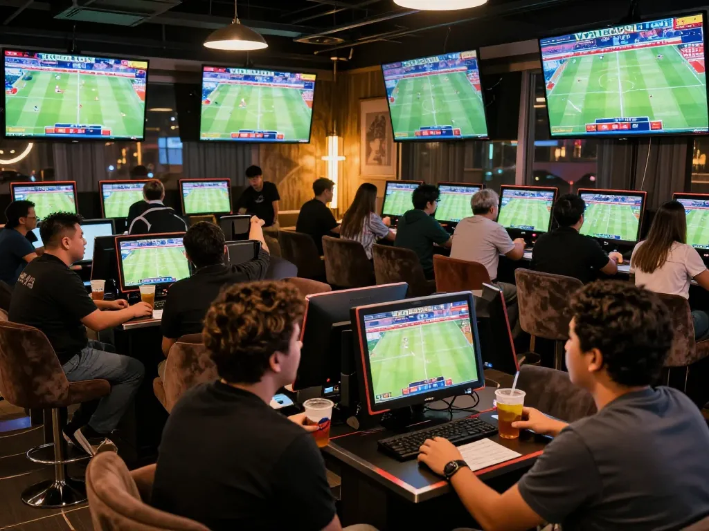 Engaging sports betting scene showcasing tỷ lệ bóng đá nhà cái, lively atmosphere with bettors and screens.
