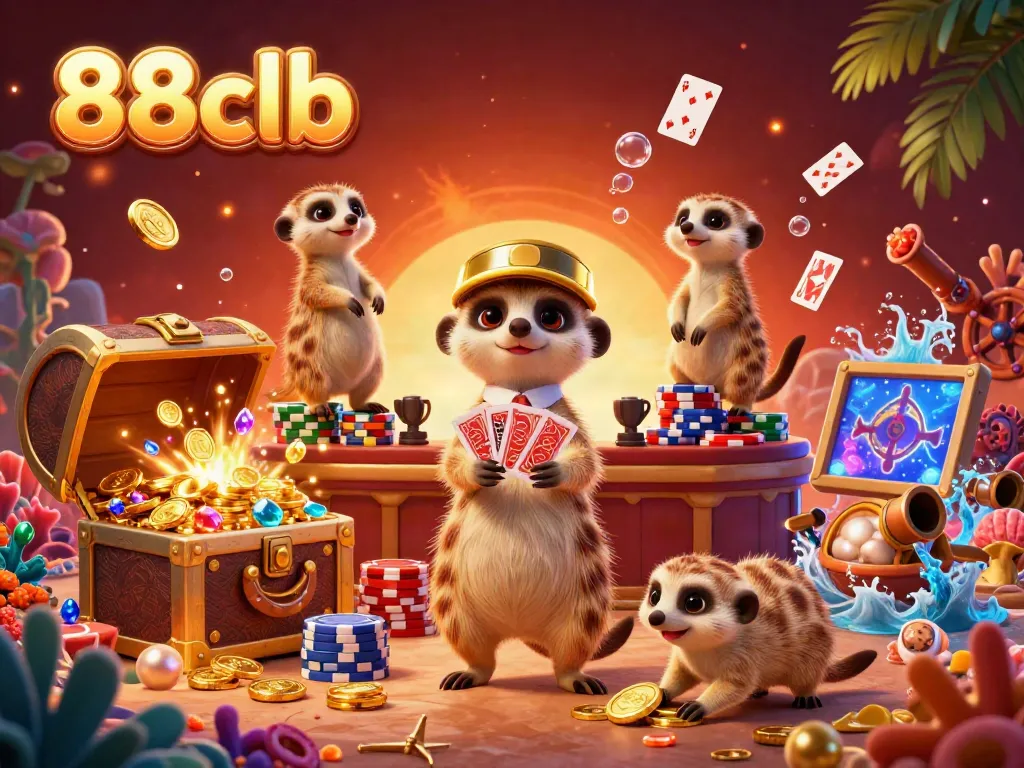 88clb meerkats managing a vibrant casino with rich visuals and dynamic underwater elements.
